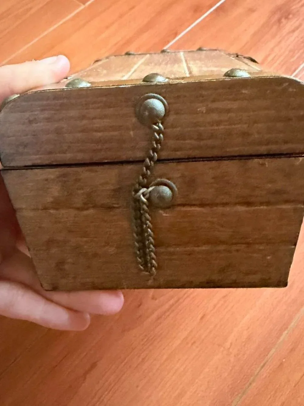 Vintage Wooden Jewelry Box Chest Gold Latch Red Lining